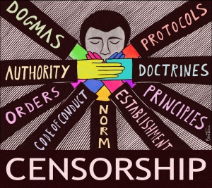 cartoon-of-head-with-many-hands-over-mouth-censorship